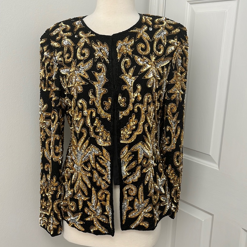 Laurence Kazar beaded sequin black evening jacket gold silver